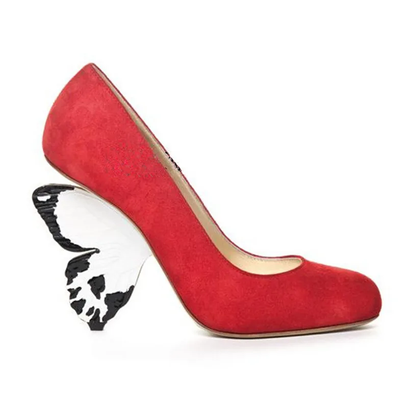 Strange Style Butterfly High Heels Velvet Round Toe Red