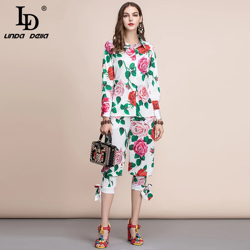 LD Linda della элегантное розовое Цветочный принт Для женщин костюмы модные дизайнерские блузки с длинным рукавом и Повседневное штаны комплекты из двух предметов