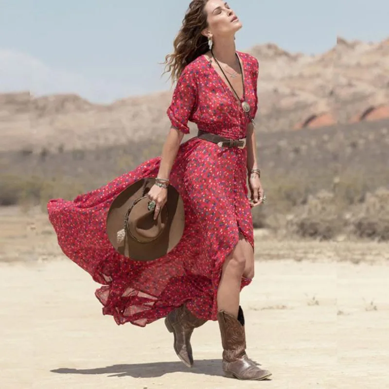 red bohemian maxi dress