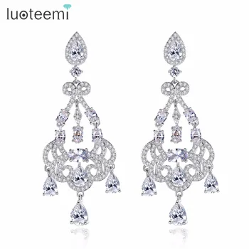 

LUOTEEMI New Luxury Big Long Flower Pendant Drop Earrings Waterdrop Shining CZ Brincos Bridal Women Wedding Party Jewelry Gift