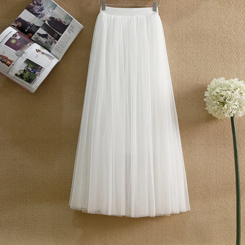 Длинная Плиссированная Юбка-пачка с подкладкой, Женская эластичная юбка из тюля с высокой талией и сеткой, Женские винтажные юбки Jupe Longue - Цвет: white