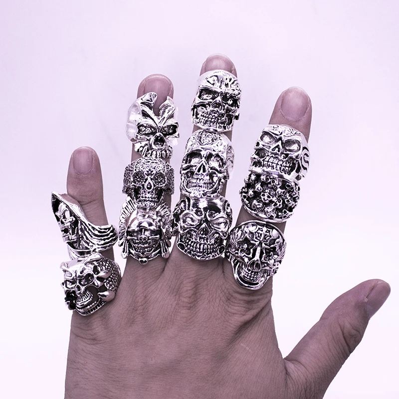 

Free Shipping Mix 10 Piece Top quality Gothic Punk Assorted Wholesale Lots Skull Style Bikers Men's Vintage Tibetan Silver Rings