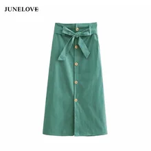 2018New в винтажном стиле; сезон лето Одноцветный с бантом и поясом, бумага миди юбка женская с модными пуговицами девичьи бизнес Шик на каждый день из искусственной кожи; обтягивающая юбка