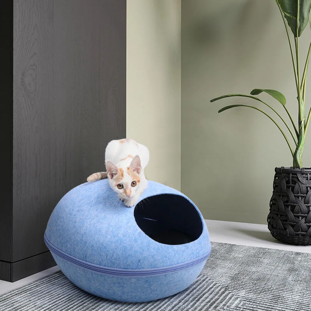 Portable Cute Cat Bed Pets Puppy Cave Sleeping Bags Zipper Egg Shaped Felt Cloth Pets Warm House Nest Cats Basket with Cushion