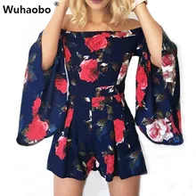 Wuhaobo цветочный принт комбинезон женский элегантный с открытыми плечами летние пляжные комбинезоны сексуальный цельный комбинезон