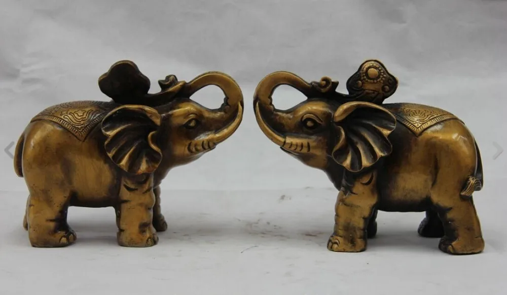 

Chinese Folk Copper Bronze Feng Shui Auspicious Wealth RuYi Elephant Statue Pair