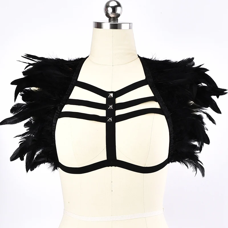 

BODY HARNESS Feather Goth Harness Cage Bra Epaulet Bondage Belt Shoulder Burning Festival Pole Dance Black Adjust Body Harness