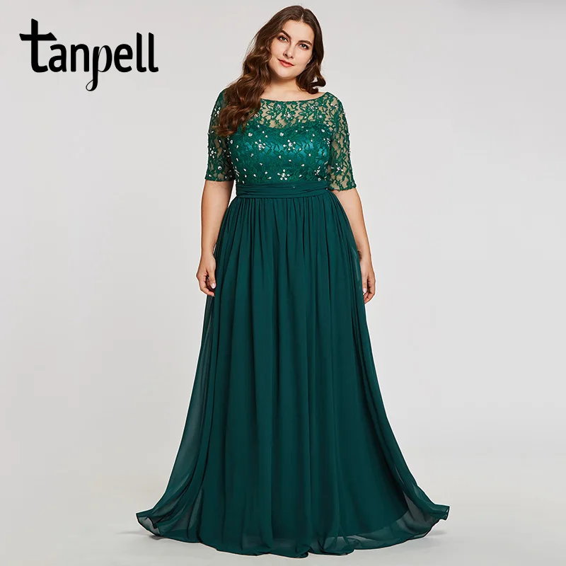 

Tanpell fashion plus evening dresses hunter scoop a line floor length dress chiffon half sleeves beaded lace long evening gown