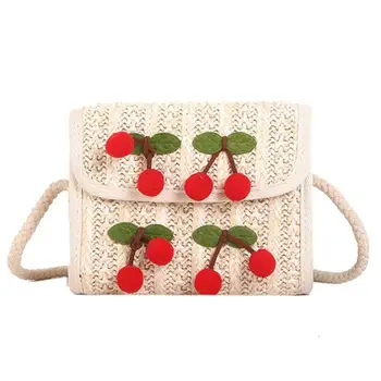 

Cute Wild Casual Crossbody Bag Cherry Decorative Straw Shoulder Bag For Women Spring And Summer New Beach Bag For Outdoor Travel