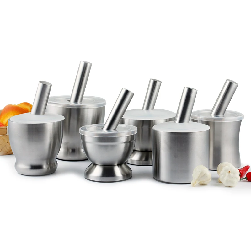 

18/8 Stainless Steel Mortar and Pestle Spice Grinder with Silicone dust cover, Anti Slip Base and Comfy Grip - Dishwasher Safe