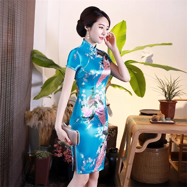 Новое поступление синий китайский женский Шелковый rayou Холтер Cheongsam Мини Qipao платье Peafowl Размер s m l xl XXL D0027 - Цвет: light blue