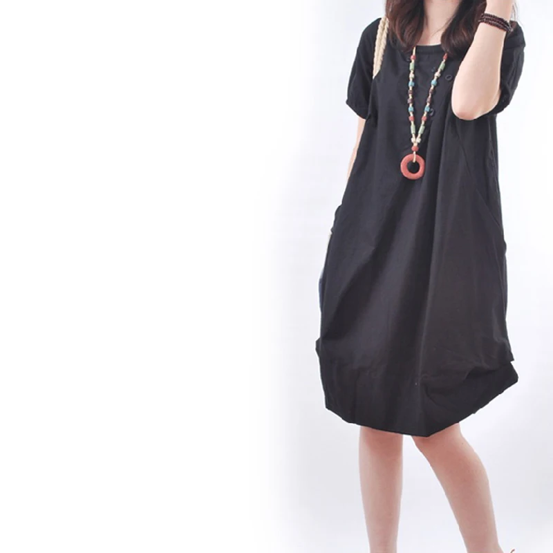 Плюс размеры для женщин Boho свободные кафтан платье Лен карман длинная туника короткий рукав