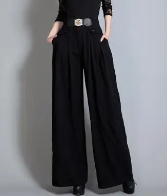 Широкие штаны для женщин, эластичная талия размера плюс, черный, зеленый цвет, высокая талия, весна, осень, новая мода, полная длина, свободные, yys0702