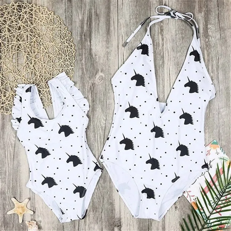 

2018 Summer New Arrival Sweet Matching Mother Daughter Swimming Suit Animal Printed Padded Swimsuit Girls Beach Wear