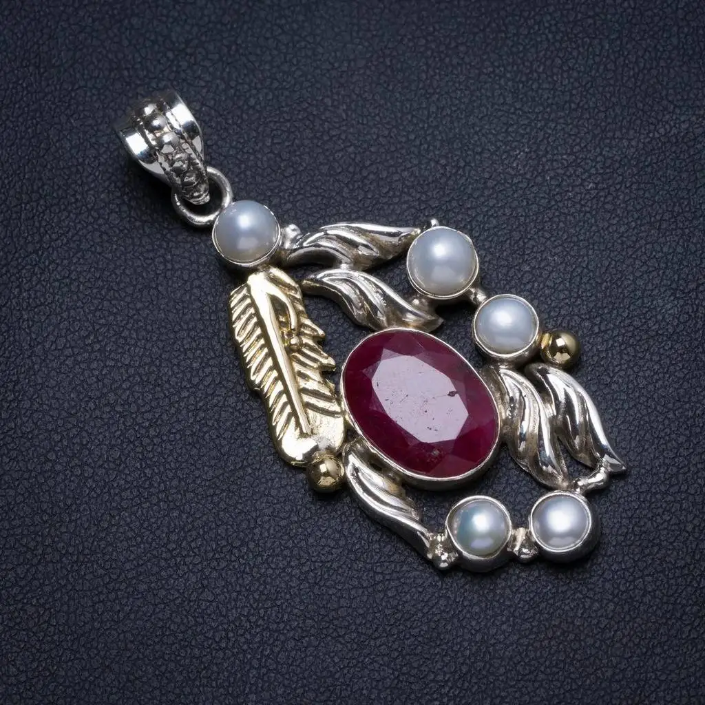 

Natural Cherry Ruby and River Pearl Handmade Unique 925 Sterling Silver Pendant 2" X0453