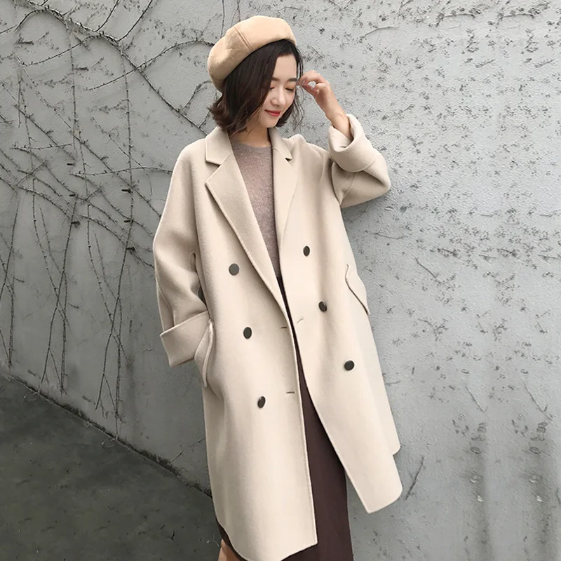 Femme Manteau Veste Pour Mélange Nouvelle Solide Longue Pleine Double Breasted Laine Lâche Coréenne Beige De Mode Femmes Manches Wqw774tIY