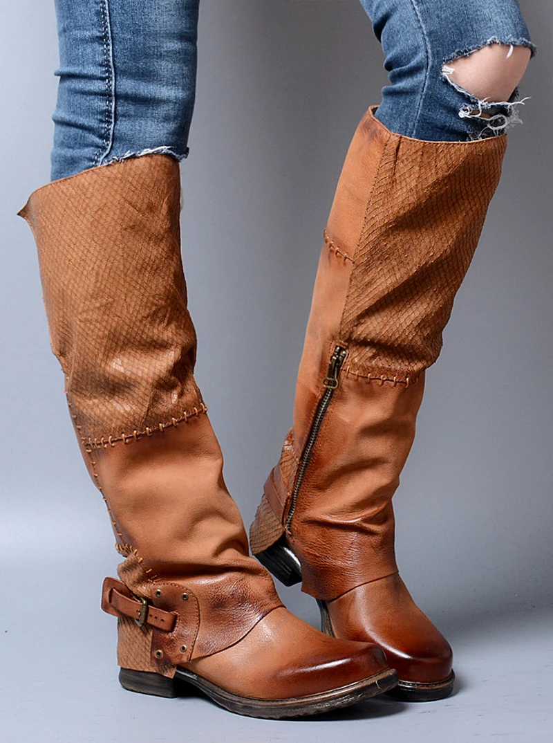 Prova Perfetto кожаные сапоги до колена высокого качества для женщин сочетаются цвет зима ремень пряжка боковая молния длинные сапоги для верховой езды