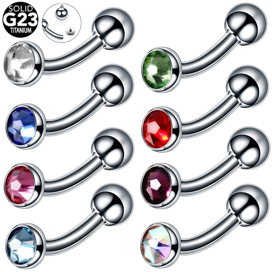 1PC G23 Titanium Colorful Eyebrow Piercings Tongue Rings Gems Curved