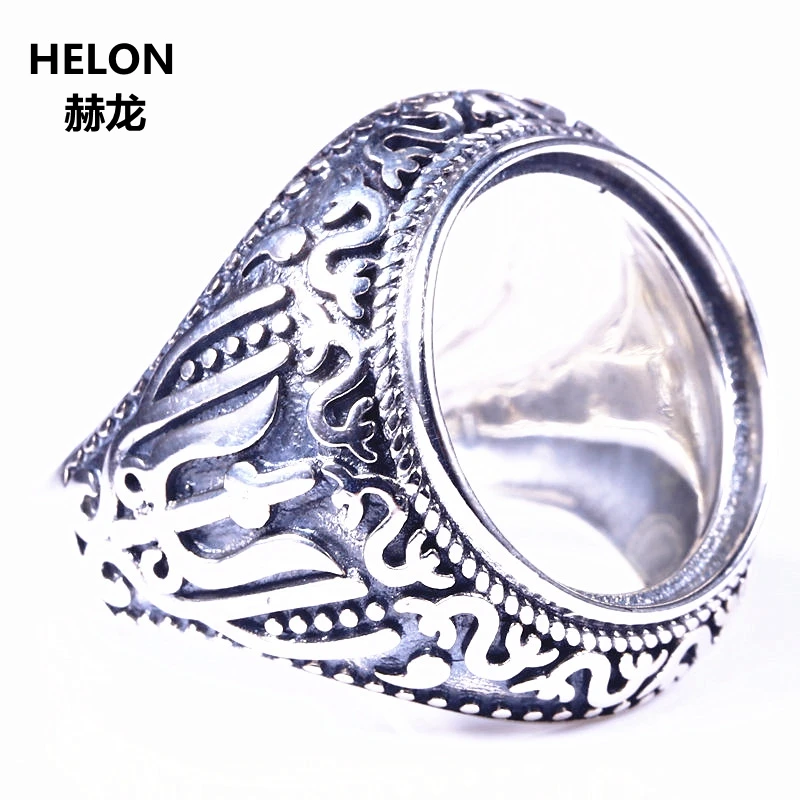 

Vintage 925 Sterling Silver Men Ring Semi Mount Engagement Wedding Party Ring 16x16mm Round Cabochon Amber Turquoise DIY Stone