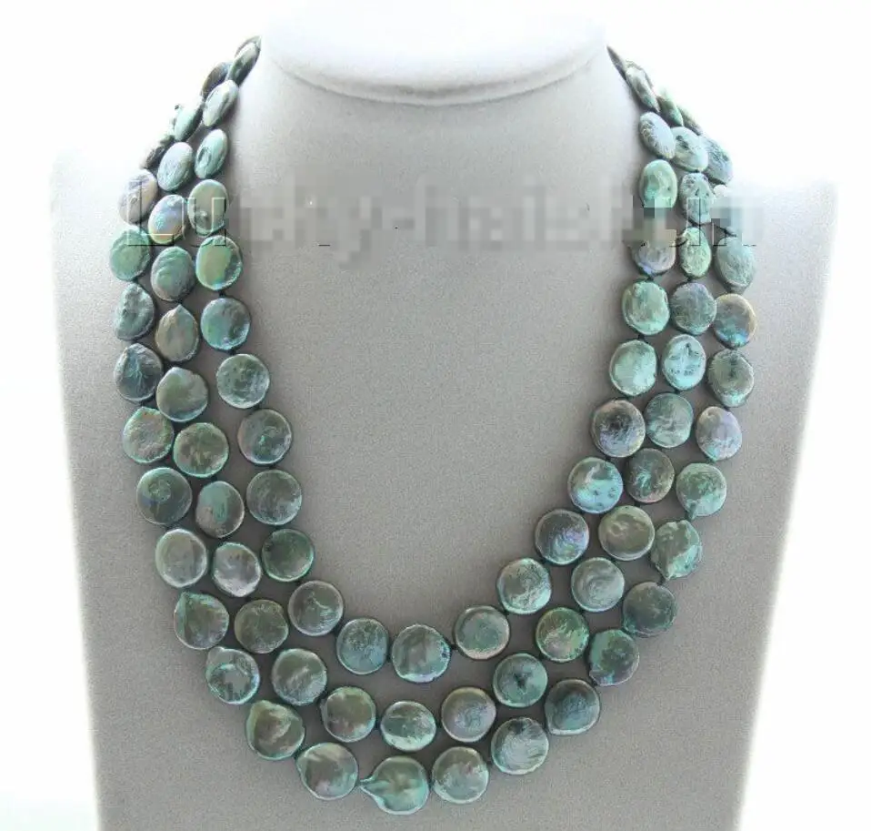 

Hot sale new Style >>>>>adjustable 15.5"-17.5" 3row 12mm coin fastener green pearls necklace j9509