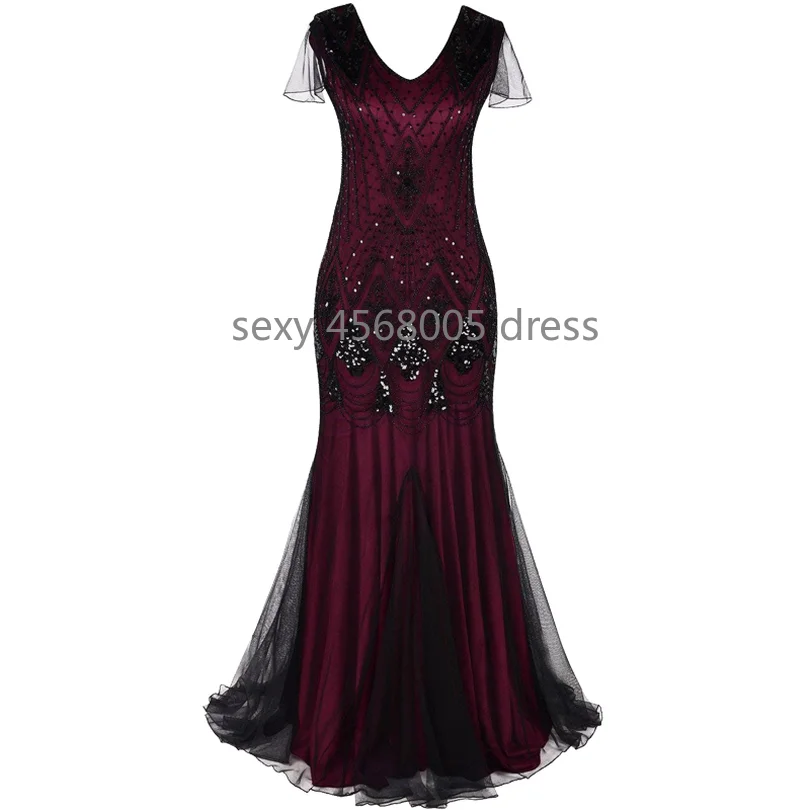 Женское платье 1920s Great Gatsby длинное 20 s винтажное с v-образным вырезом и коротким