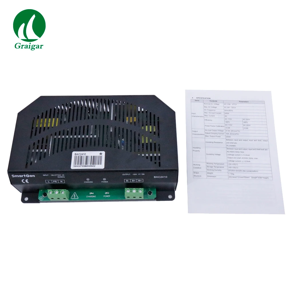 

Smartgen BAC2410 Auto Battery Charger ED Display: Power Indication (Green Light) and Charging Indication (Red Light)