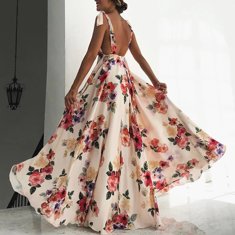 Длинное женское платье с цветочным принтом, плиссированное летнее платье с открытой спиной, v-образный вырез, сексуальное вечернее платье, богемное макси платье, женское платье