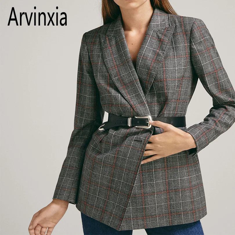 

Arvinxia ZA Casual Plaid Pockets Slim Blarzers Suit Cardigans New Arrivals Long Sleeves Office Lady Suit Autumn Slim Women Coats