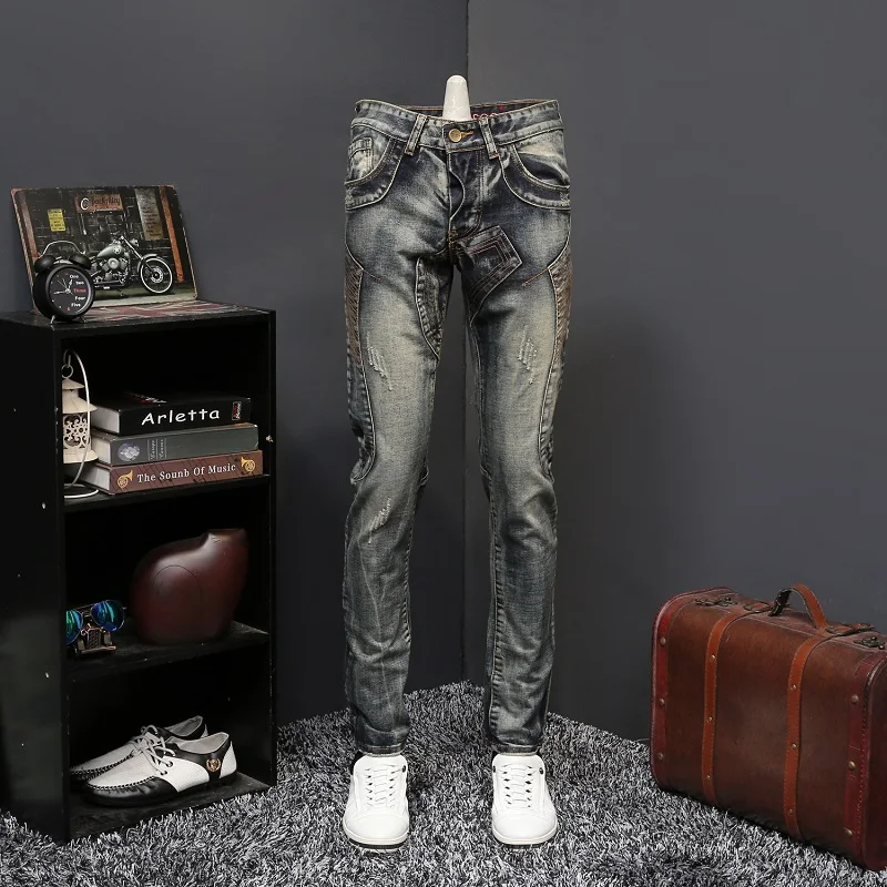 

2017 New Men Biker Jeans High Street Punk Style Designer Spliced Pocket Vintage Retro Ripped Jeans Men Night Club SKinny Pants