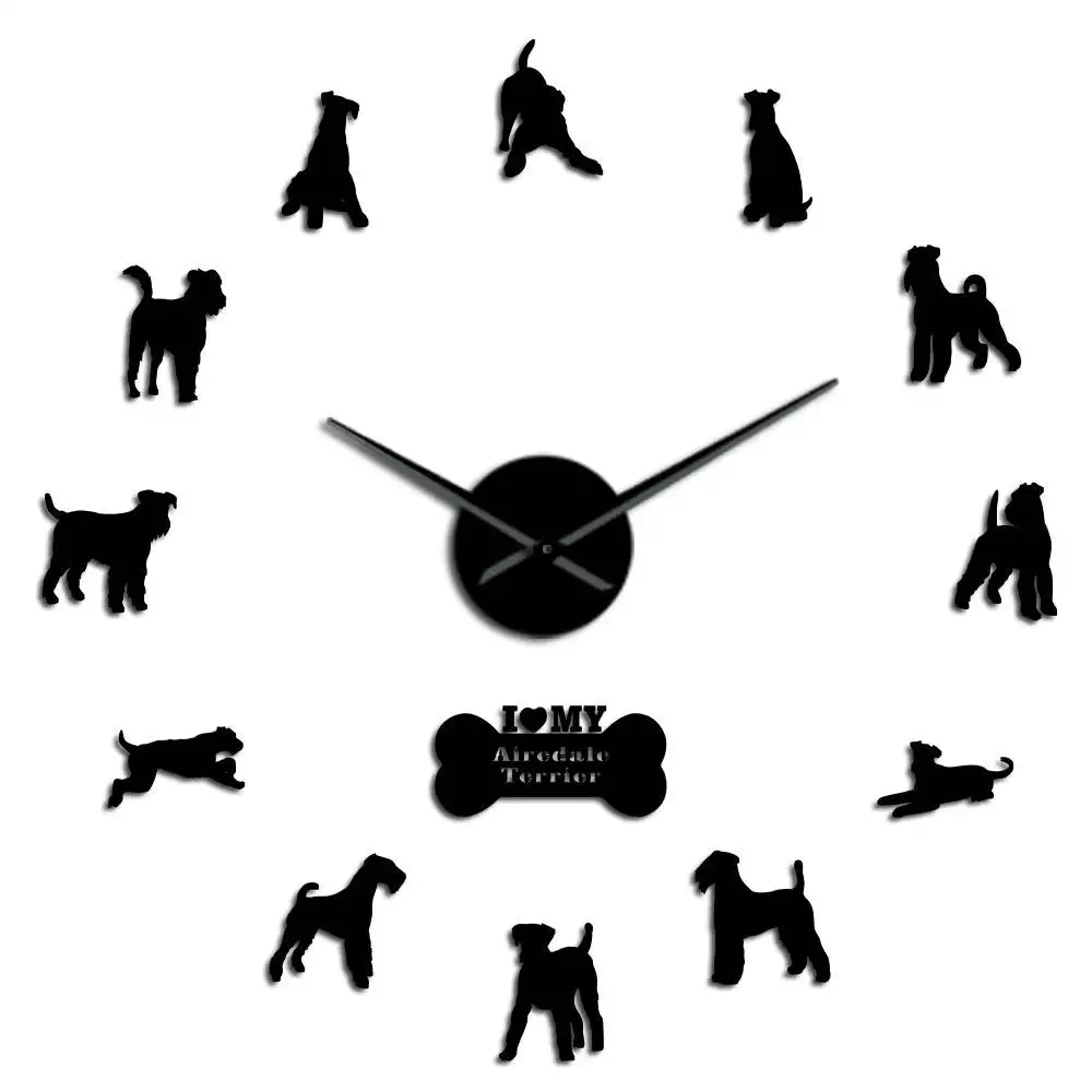 Airedale терьер фигурка собаки Современная DIY настенные часы животные собаки Домашние животные компаньоны лазерная резка тихие развертки часы - Цвет: Black
