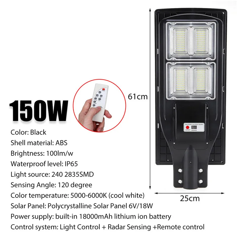 

150W 240 LED Solar Street Light Light Control+Radar Sensing+Remote Control Waterproof Outdoor Garden Fence Wall Timer Lamp