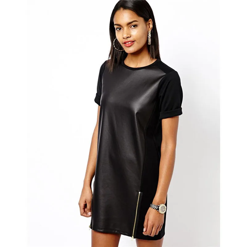 Baratos 2019 verano Sexy mujer PU vestido de cuero de manga corta vestido por debajo de la rodilla para oficina negro Sexy Club lápiz Vestidos de fiesta Vestidos XXL