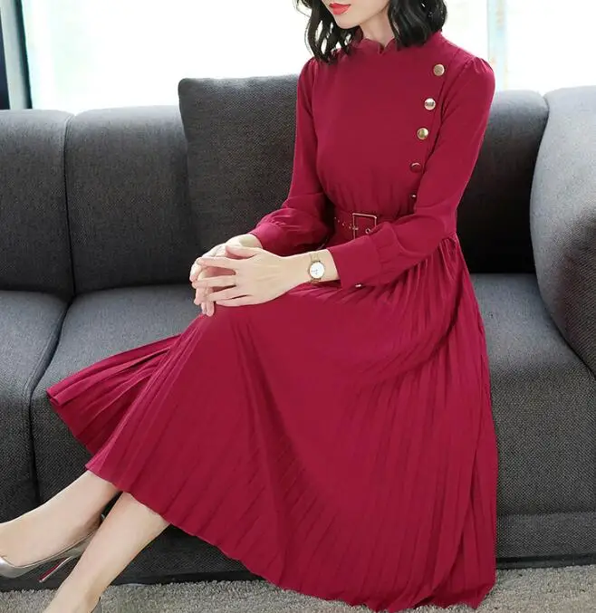 

High Quality Hot Sale 2019 Spring New Arrival Stand Collar Collect Waist A Patterned Pleated Woman Party Dress With Belt Red
