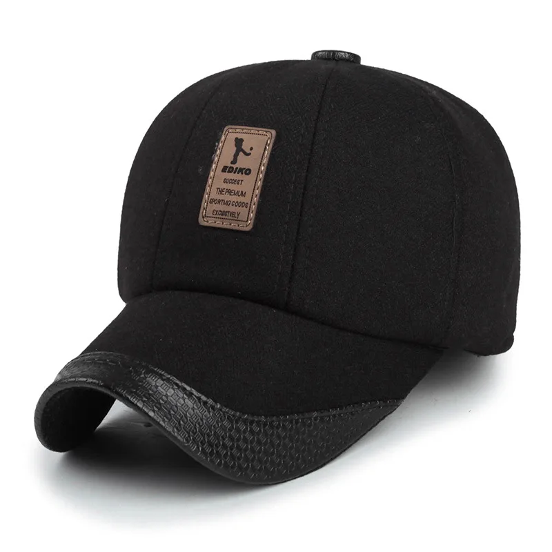 Wuaumx Фирменная осенне-зимняя бейсбольная кепка s для мужчин, шерстяная теплая шапка-ушанка, Кепка Snapback, Мужская Черная кепка pello - Цвет: Black