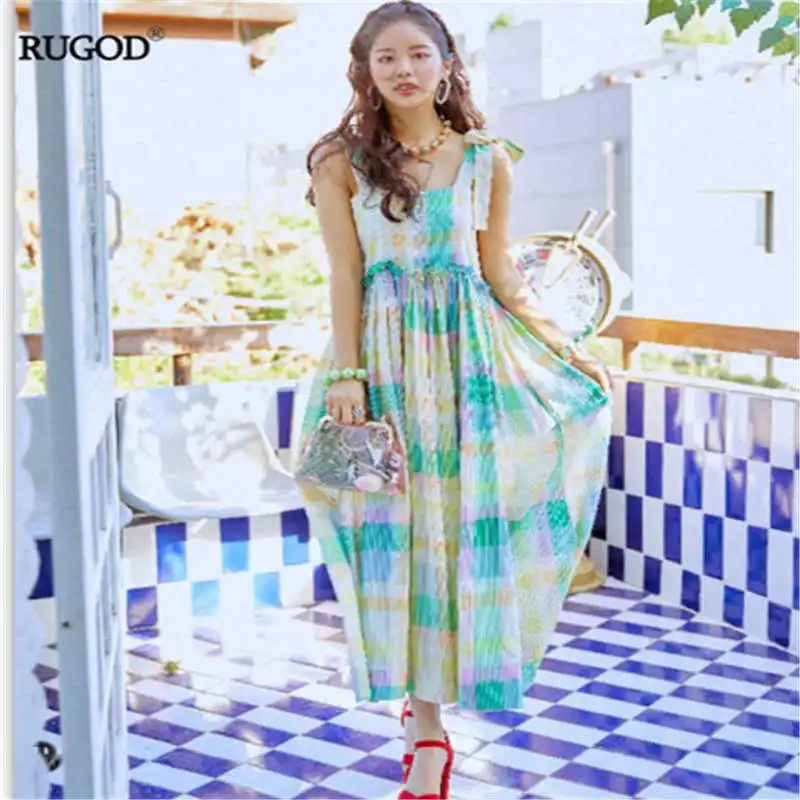 RUGOD 2019 корейские летние женские платья на тонких бретелях с квадратным воротником винтажные клетчатые платья с завышенной талией