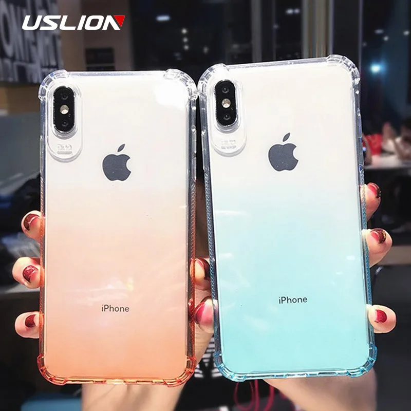 

USLION Transparent Gradient Phone Case For iPhone X XS XR Xs Max Cases For iPhone 6 6s 7 8 Plus Shockproof Soft TPU Cover