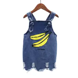 Платье для девочек Лето 2018 Новая Одежда для маленьких девочек джинсовые мультфильм с принтом банана платья для маленьких девочек рваные