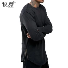 2016 Nuevas Tendencias Hombres camisetas Súper Palangre de Manga Larga T-Shirt Hip Hop Arco hem Con Curva Hem Side Zip Tops tee(China (Mainland))