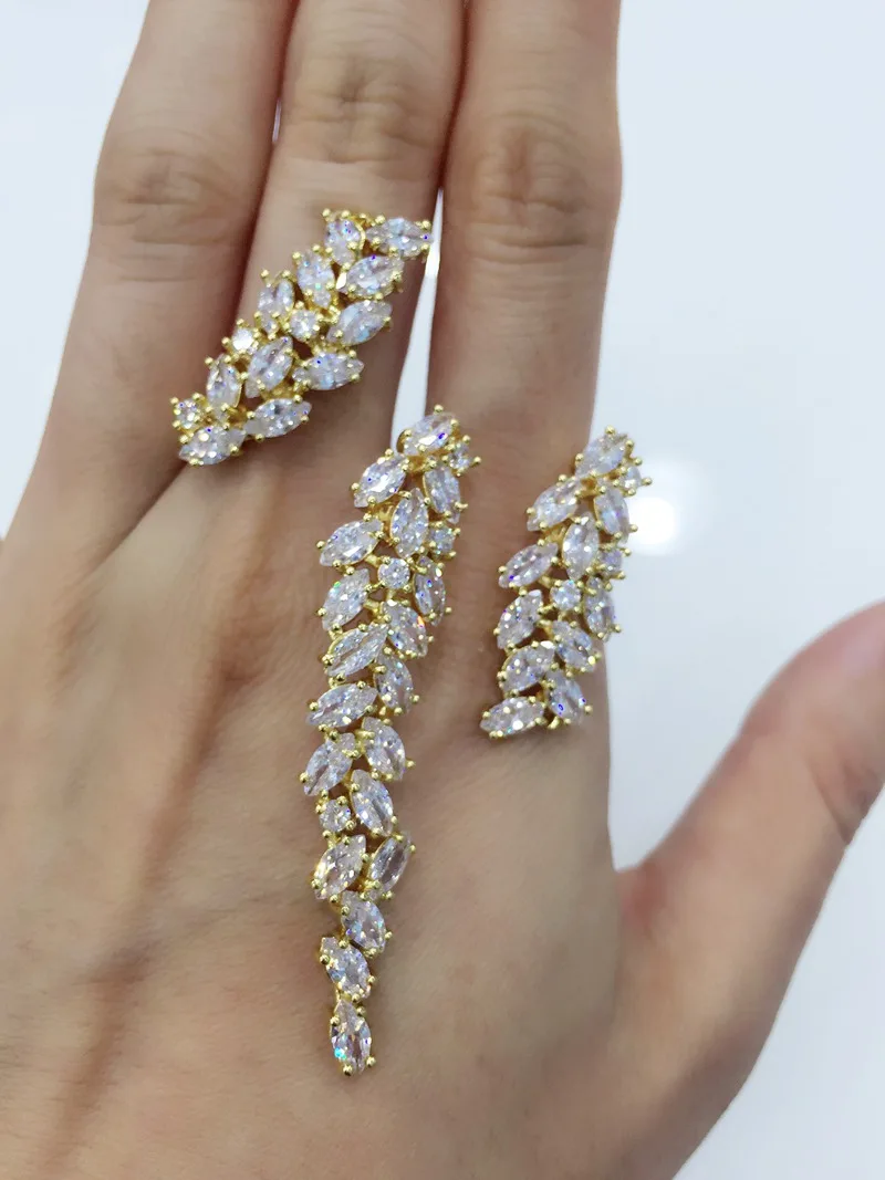 AAA Crystal Zircon Three Finger Ring Gold Plated Full Finger Ring for Women Lady Cuff Ring Hand