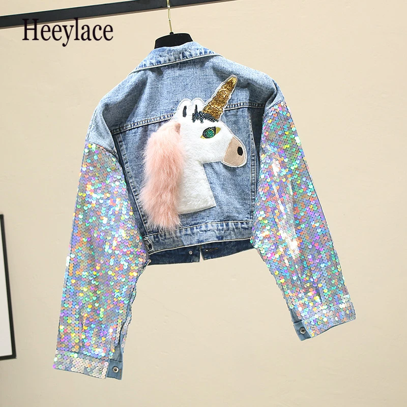 

2019 Hole Jean Jacket Women Short Sequin Denim Jacket Splice Autumn Horse Female Jacket Spring Jackets For Women Female Navel