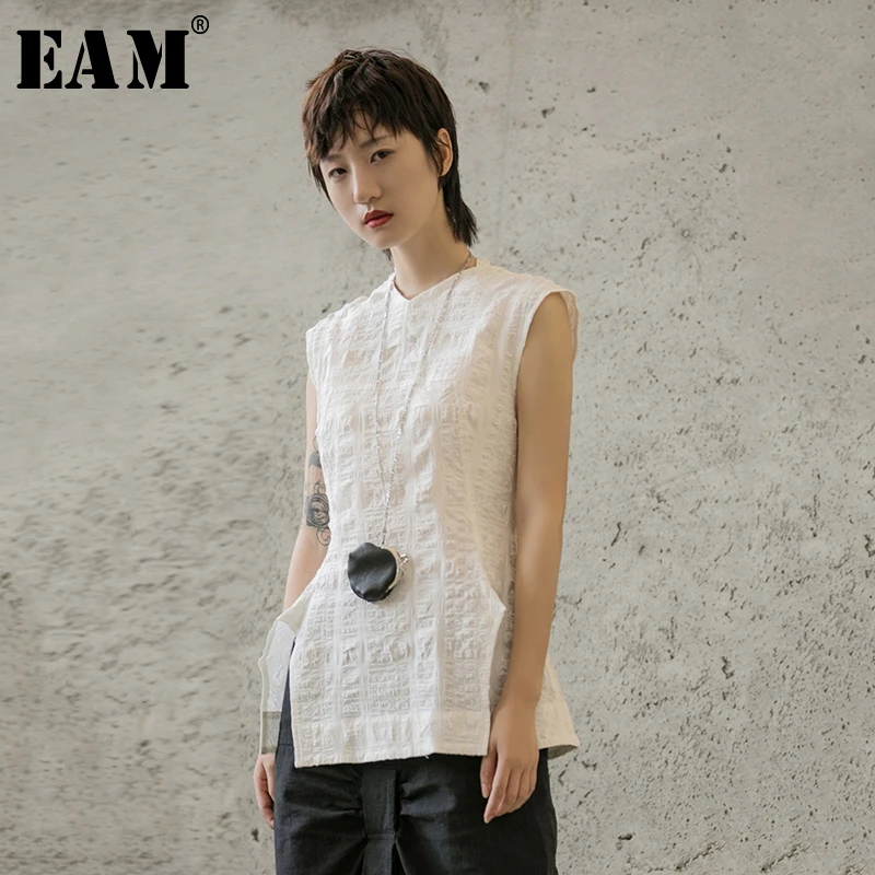 

[EAM] 2019 New Spring Summer Round Neck Sleeveless white loose hem vent spit joint temperament T-shirt Women Fashion Tide JX621