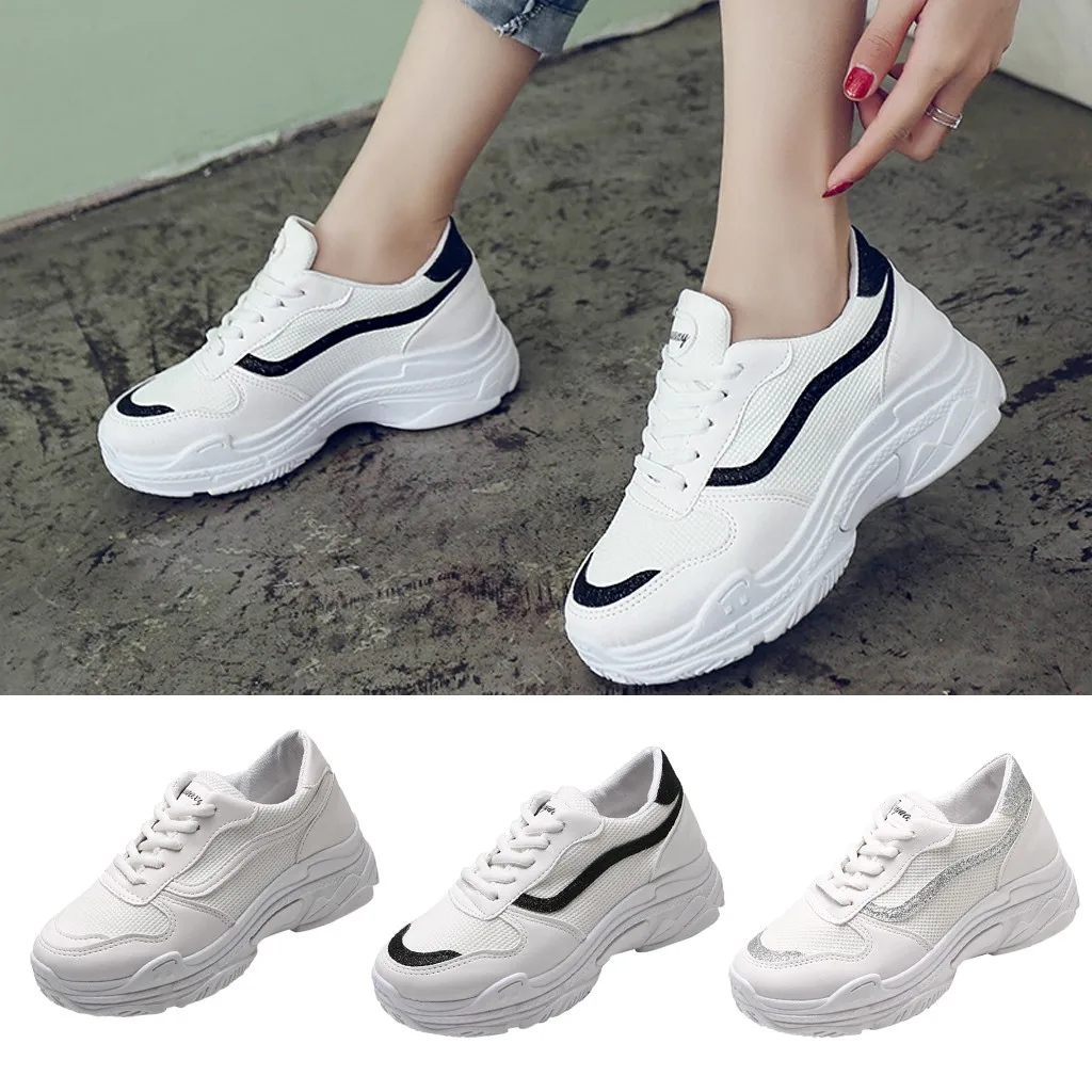 

Spring and Summer Sneakers For Women Fashion Cool Exercise Outdoor Running White Solid Shoes Thick Bottom Lace Up Girls Zapatos