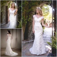 New V Neck Mermaid Lace Wedding Dresses Bridal Gowns Button Back Court Train White Beads Custom Made