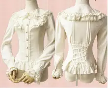 2016 Lolita Long Sleeve Girl’s Chiffon Shirt Blouse with Ruffles (Black/White)