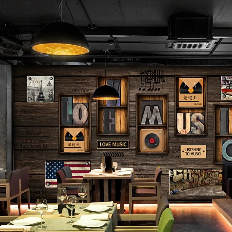 

Free shipping custom wallpaper Nostalgic vintage wood board letters old vinyl record bar restaurant 3d wallpaper