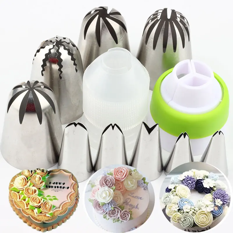 

11Pcs Large Rose Cream Cake Russian Nozzles Leaves Stainless Steel Icing Piping Tips Set Coupler Cupcake Decorating Baking Tools