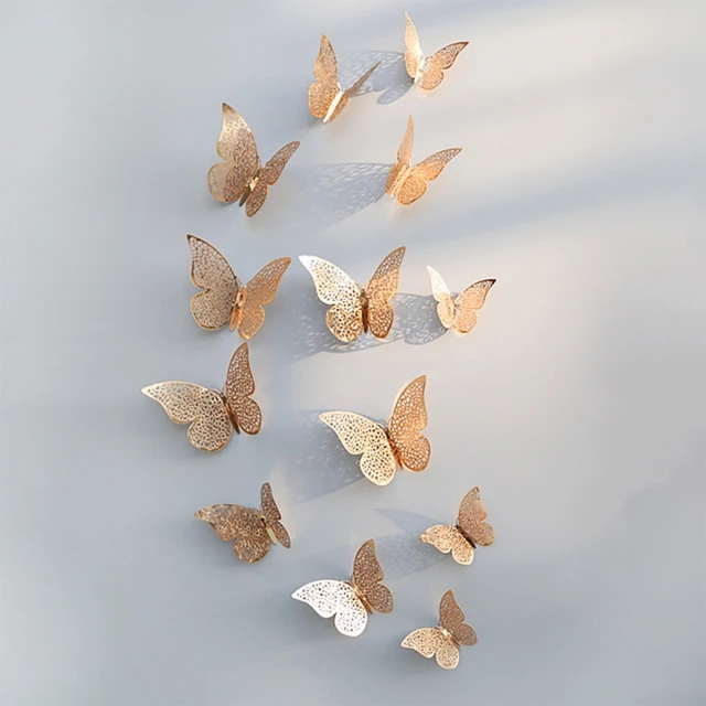 12Pcs 3D Hollow Butterfly Wall Sticker For Home Decoration DIY Wall Stickers For Kids Rooms Party Wedding Decor Butterfly Fridge champagne2