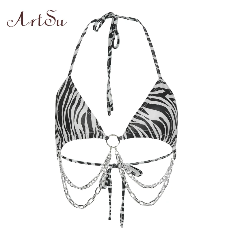 

ArtSu Black White Striped Print Sexy Bralette Crop Top Women Halter Neck Sleeveless Camis Chains Backless Tops Summer ASVE20651