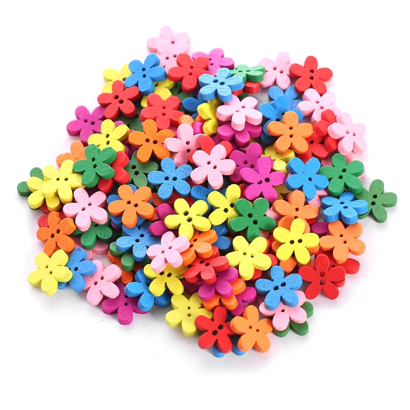 

100pcs DIY 15mm Multi Color Mix flower Shapes Wood Button Sewing Craft 2 Holes Wooden Buttons Clothes Scrapbooking