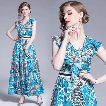 

womens woman ladies Designer summer sexy V-neck Leopard runway slim long maxi Cocktail party Swing dress clothes wear for women